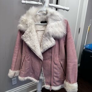 Women's Pink Faux Fur Trim Jacket